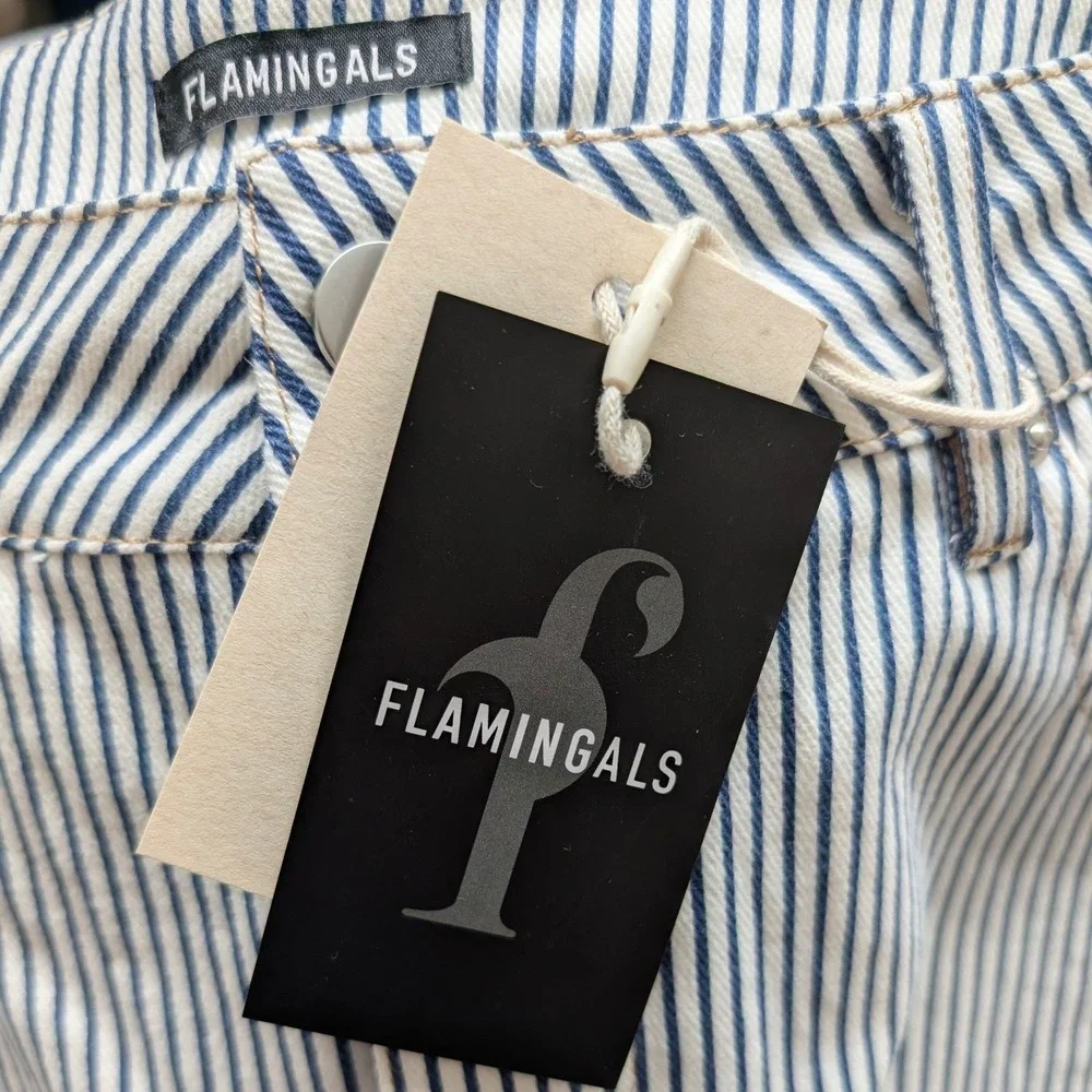Flamingals Womens Striped Floral Embroidered Flare Jeans Blue White Size L NWT
